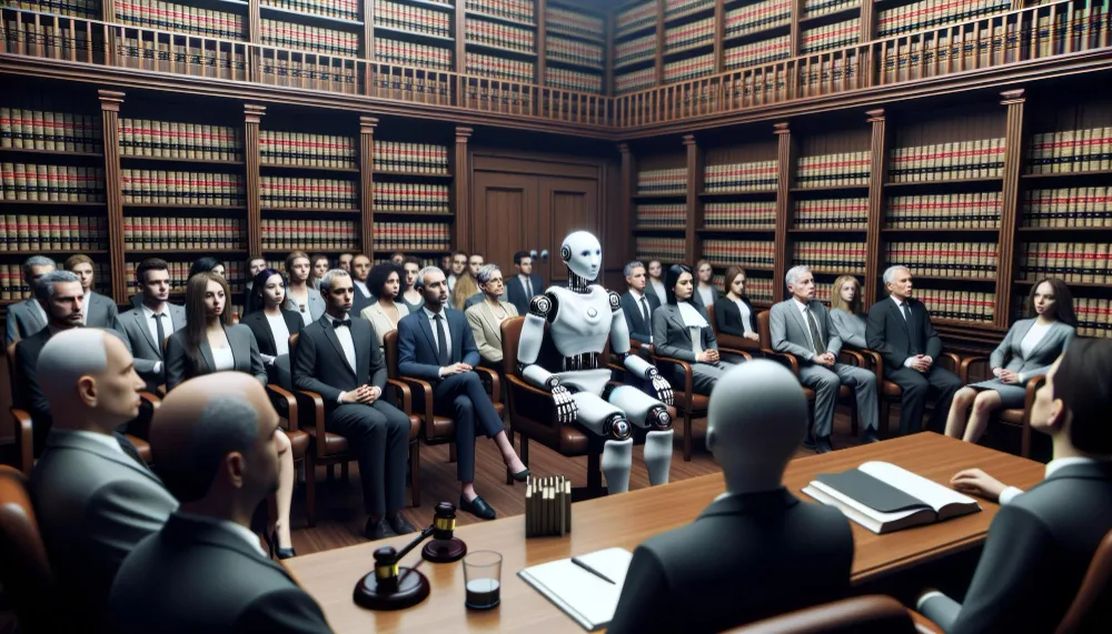 In a courtroom, a robotic AI is on trial, emphasizing the legal and ethical considerations of advanced technology. Jurors, lawyers, and spectators watch intently. The surroundings are filled with legal books and gavels