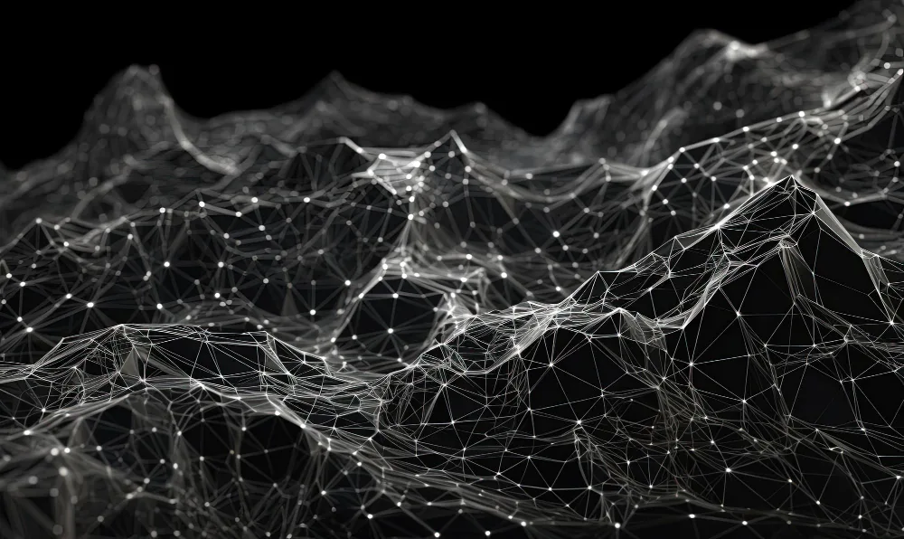 a black background with a black and gray pattern, in the style of futuristic fragmentation, made of wire, landscapes in motion, physically based rendering, focus on joints connections, hardedged shapes, intertwined networks