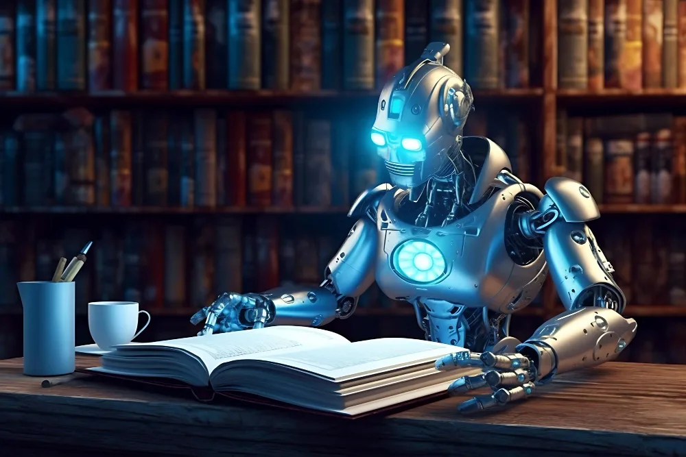 robot reading a book in blue light, in the style of grey academia, detailed facial features, technological marvels, shinyglossy, functionality emphasis, writer academia, calculated