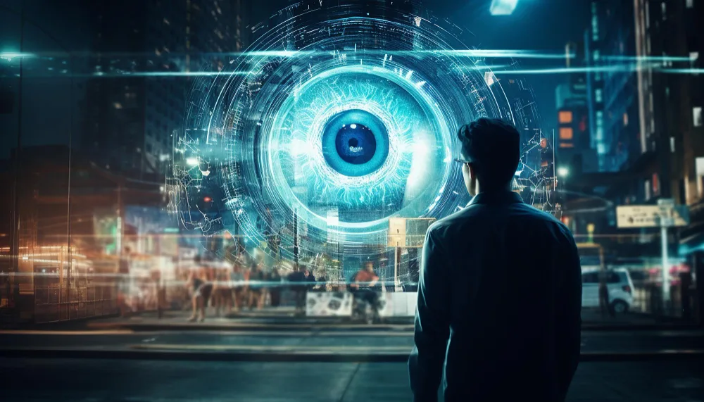 a person projecting an hologram from his eye to real world. Other people can see it. Futuristic place