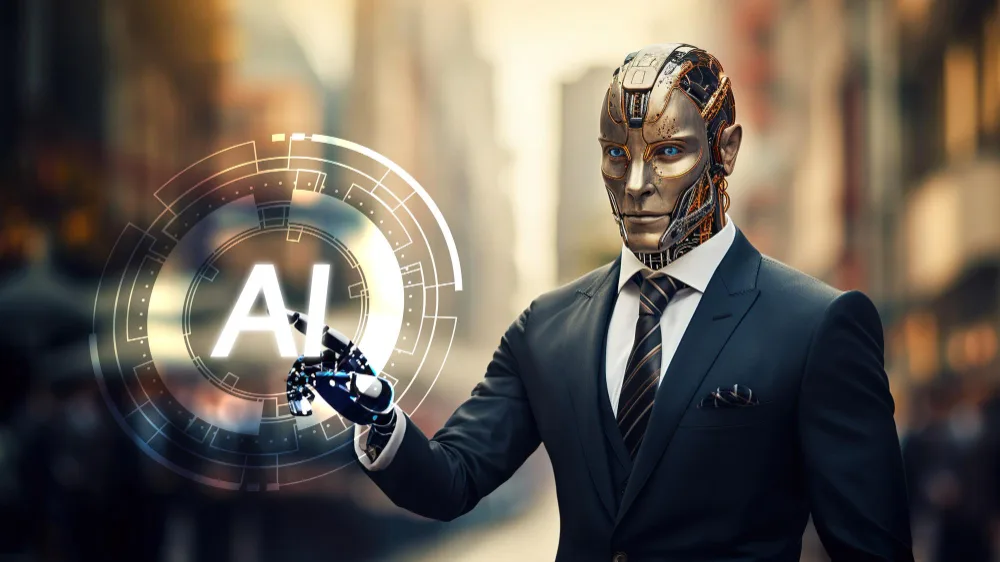 futuristic ai robot in a suit and tie, blurry background, stockphoto