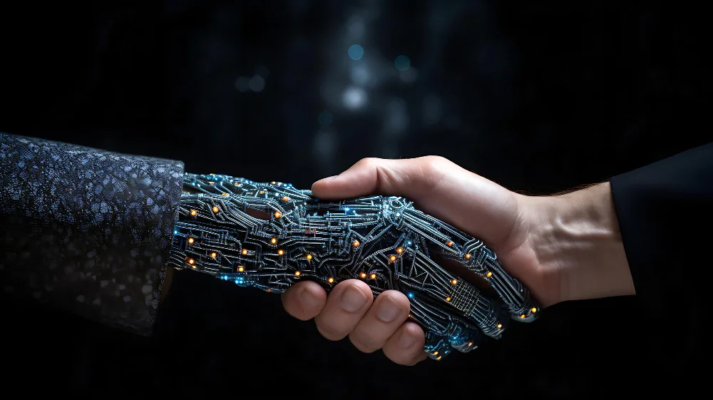 A conceptual image embodying the fusion of human expertise and AI learning. In a symbolic representation, a human hand extends towards a digital realm where intricate code forms the foundation of a growing neural network. This metaphorical handshake captures the collaborative essence of AI training, UHD, ultra sharp, ultra focus